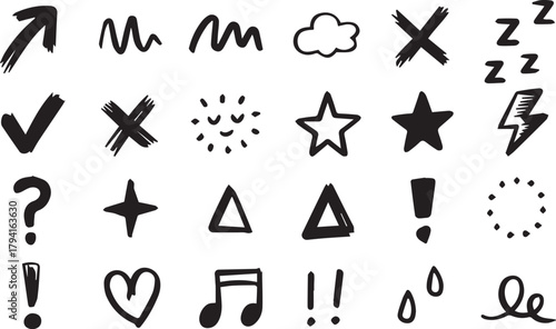 Line movement effect element, Hand drawn cute doodle line element arrow,  cartoon emotion effect decoration icon. emphasis, shock, sparkle. Anime movement, express shape. Vector illustration.