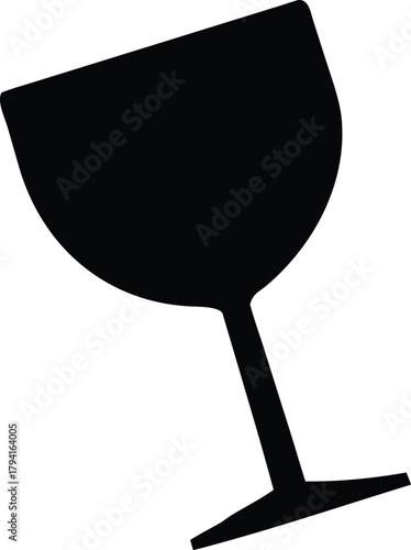 A simple black silhouette of a tilted wine glass on a white background