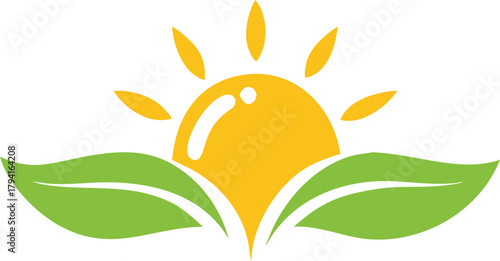 A bright yellow sunburst emerges from vibrant green leaves a natural emblem
