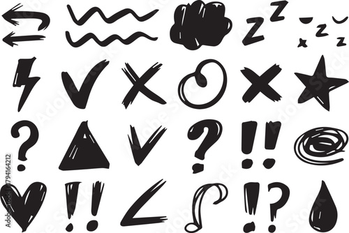 Line movement effect element, Hand drawn cute doodle line element arrow,  cartoon emotion effect decoration icon. emphasis, shock, sparkle. Anime movement, express shape. Vector illustration.