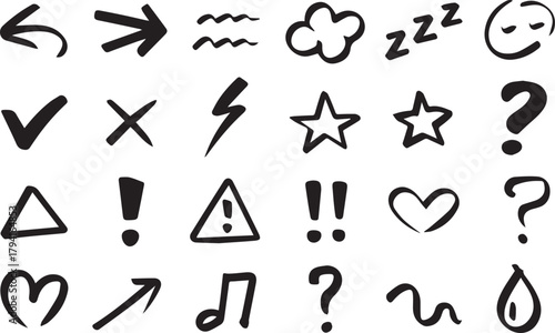 Line movement effect element, Hand drawn cute doodle line element arrow,  cartoon emotion effect decoration icon. emphasis, shock, sparkle. Anime movement, express shape. Vector illustration.