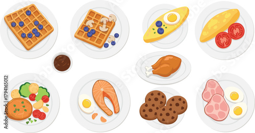 Cartoon breakfast food, diverse meal illustration, sweet and savory dishes, international cuisine, healthy options, child-friendly vector, morning nutrition, colorful plate set, food variety artwork