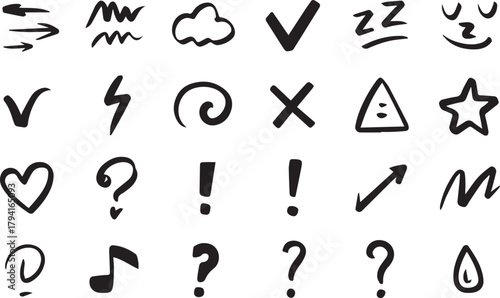 Line movement effect element, Hand drawn cute doodle line element arrow,  cartoon emotion effect decoration icon. emphasis, shock, sparkle. Anime movement, express shape. Vector illustration.