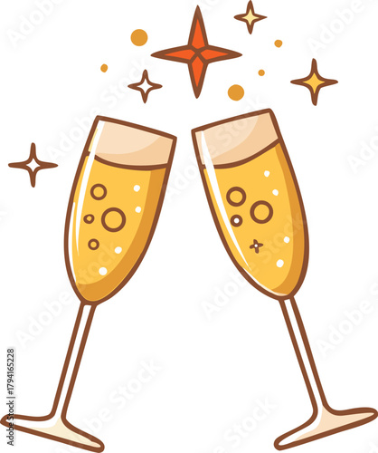 Two champagne flutes clinking in a celebratory toast with sparkling stars