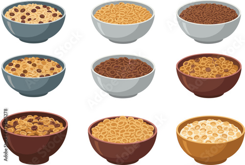 Cartoon cereal bowls, breakfast food illustration, colorful grain variety, crunchy texture, morning meal set, child-friendly vector, healthy snack design, kitchen decor, nutrition artwork