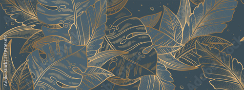 Vector luxury illustration with gold trendy exotic palm and monstera leaves pattern isolated on blue background. Elegant design for web banner, print, wallpaper, card, invitation