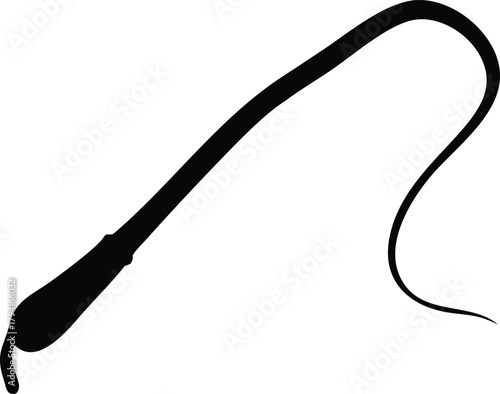 A black silhouette of a classic whip with a curved handle and tapered tail