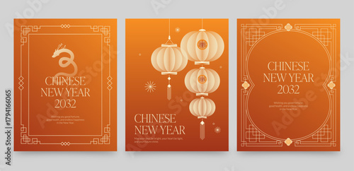 Chinese New Year Poster Flyer Template in Orange & Gold with Asian Lantern, Border & Frame Vector