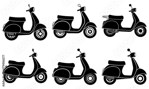 Classic Italian scooters in silhouette, a timeless vintage transportation icon perfect for retro designs, travel themes, and stylish urban lifestyle projects