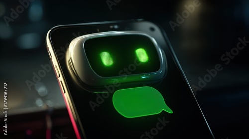 Futuristic smartphone device with green glowing chatbot interface and expressive eyes showcasing technology and communication innovation