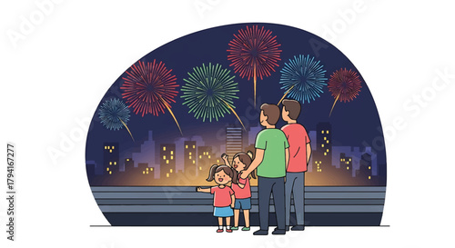 Joyful family watching a vibrant fireworks display light up the night sky above a glowing city skyline, celebrating together