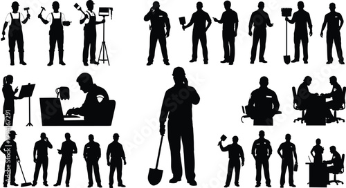 Construction and office workers silhouettes performing various tasks with tools, laptops, and teamwork for business, industry, and labor concept illustration