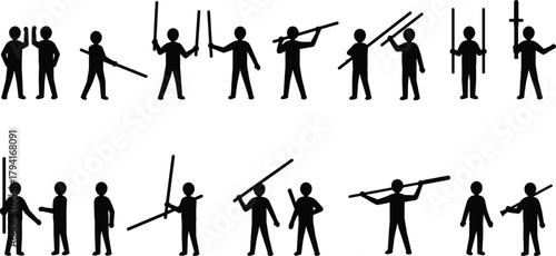 Construction workers carrying wooden planks, teamwork silhouettes, building site laborers in action showing hard work and cooperation concept vector illustration