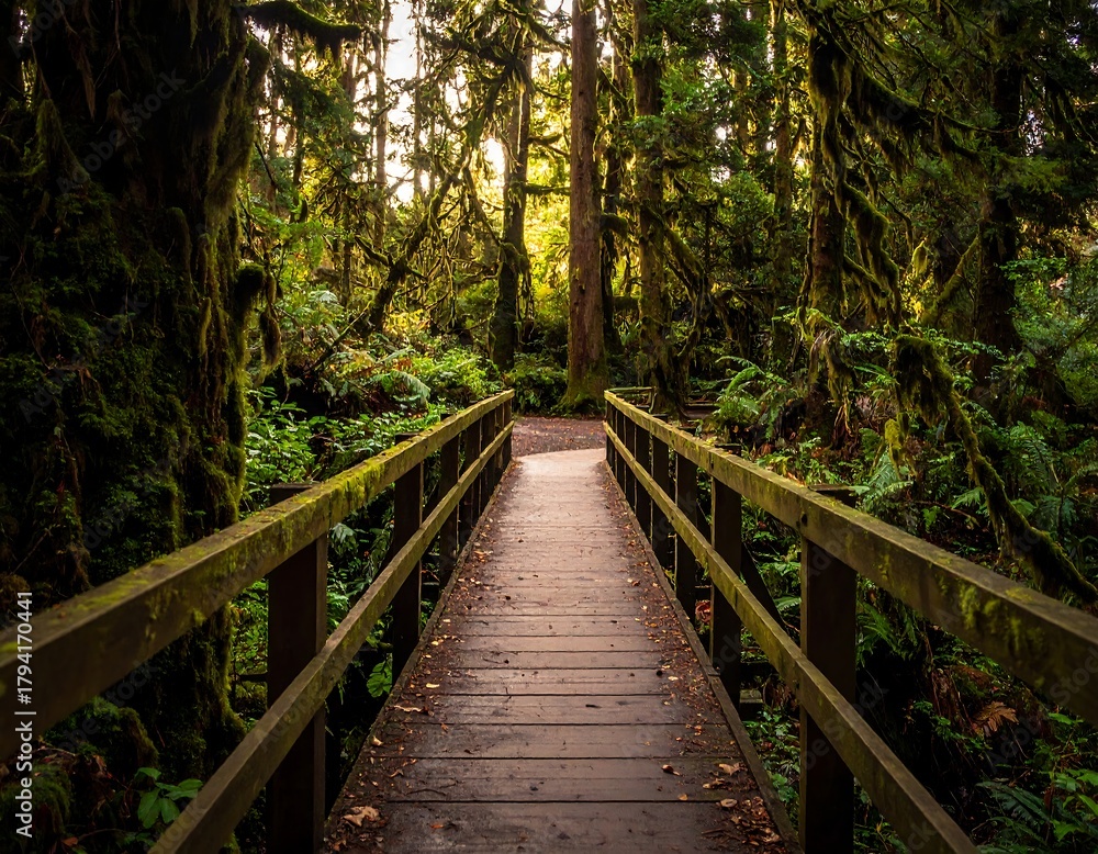 Obraz premium A wooden bridge stretches into a lush, vibrant green forest. Sunlight filters through the dense canopy. The scene exudes peace and natural beauty