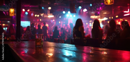 A dimly lit bar features a glass of amber liquid on the counter, with blurred figures of people in the background, illuminated by colorful lights and creating a vibrant atmosphere