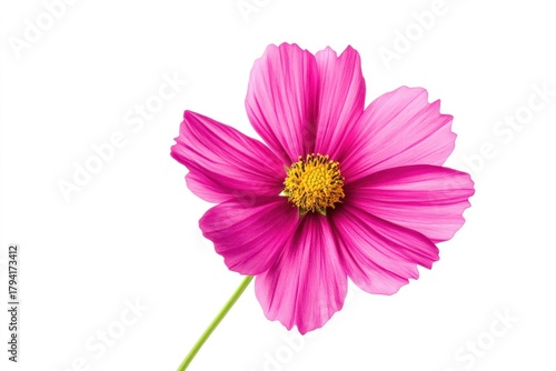 A vibrant pink flower with a yellow center blooms against a stark white background, its petals radiating outward in a radial pattern.