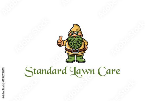 Garden Gnome Business Mascot: A whimsical and friendly garden gnome with a lush beard and an optimistic thumbs-up gesture, representing a trusted and reliable lawn care service.