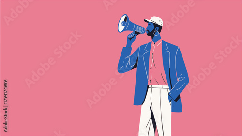 Abstract business person using a megaphone on pink background symbolising communication and leadership