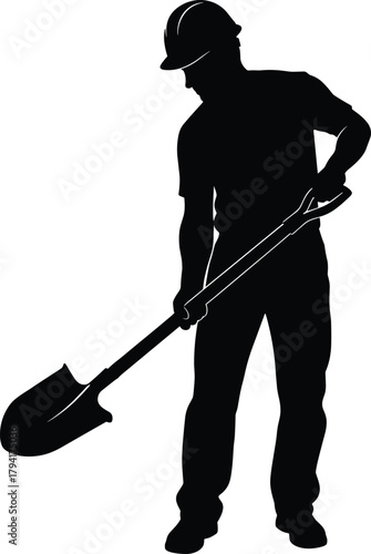 Silhouette construction worker holding shovel performing manual labor action, symbolizing industry, hard work, workforce strength and outdoor job activities in professional environment