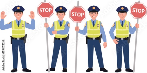 Traffic police officer illustration set, male cop holding stop sign, road safety enforcement concept, traffic control worker vector, law enforcement character design, uniformed officer cartoon