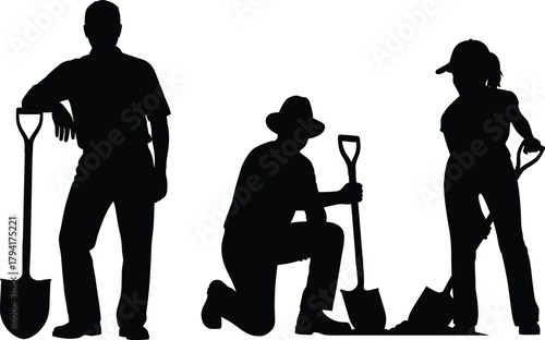 Silhouette illustration of workers with shovels in various standing and digging poses, representing labor, construction, farming, and outdoor manual work scenes