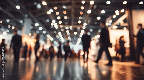 Blurred background of international business exhibition and conference, professionals walking and communicating among booths, wide angle shot with bokeh effect and warm lighting. High quality