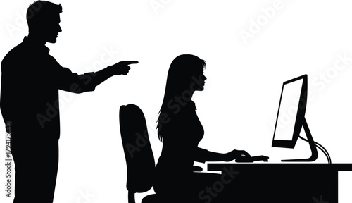 Silhouette of man pointing at woman working on computer desk representing workplace conflict, stress, communication issue, and office pressure concept