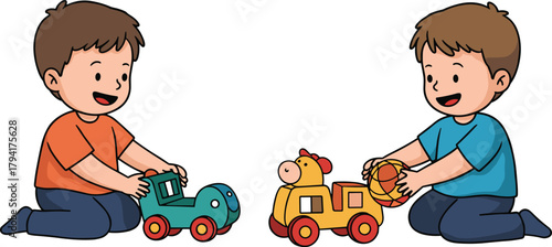 Cartoon children playing with toy vehicles, indoor activity scene, colorful cars and bus, imaginative playtime, early childhood development, friendship, fun, learning through play