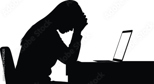 Silhouette of stressed woman sitting at desk with laptop, depicting workplace pressure, mental fatigue, burnout, anxiety, and modern digital overwhelm