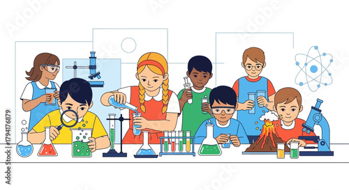 Enthusiastic kids experimenting with beakers, microscopes, and a volcano model in vibrant science class learning about chemistry and scientific discovery