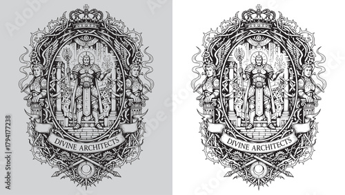 Divine Architects: Regal King Figure Holding Fire Scepter in Ornate Temple Ruins