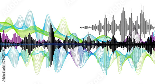 Dynamic audio waveforms illustrating sound frequency and music production, perfect for technology branding and innovative design concepts or high tech backgrounds