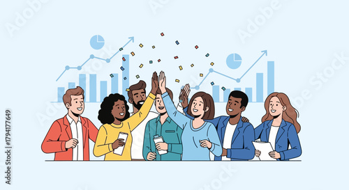 Diverse team celebrating project success with high fives and confetti in modern office space, symbolizing achievement and collaboration with growing charts