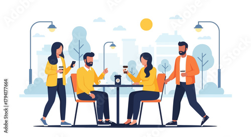 Trendy young professionals enjoying coffee break at outdoor cafe, networking and connecting in vibrant city setting, fostering collaboration and community