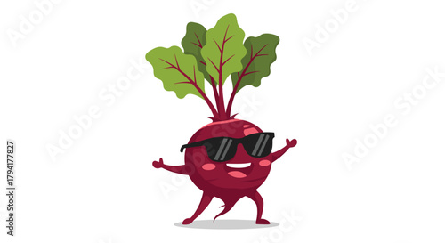 A happy cartoon beet wearing sunglasses and dancing with enthusiasm.