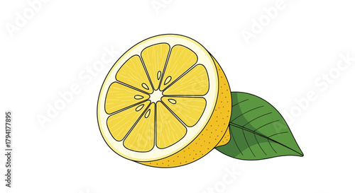 A vibrant citrus fruit sliced in half with a single green leaf attached on a white background.