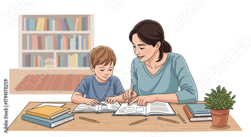 Dedicated mother helping her son with homework at home, fostering education and creating lasting bonds in a bright, comfortable learning environment