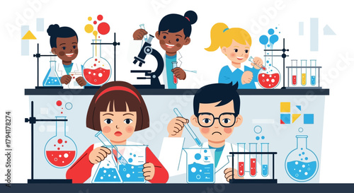 Enthusiastic children exploring science with beakers, microscope, and test tubes in a bright lab, perfect for education and STEM initiatives
