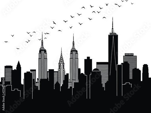 City Skyline with Birds Flying Above Black & White Silhouette Vector