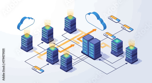 Cutting-edge cloud computing network for global data transfer, featuring secure servers and dynamic connections ideal for modern technology companies