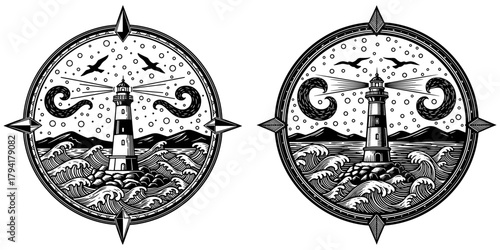 Lighthouse illustration within a compass rose, symbolizing guidance, navigation, and safety