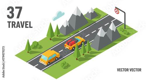 Road trip adventure with cars on scenic route, perfect for travel blogs or vacation promotions, featuring minimalist mountains and a fun, playful style