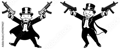Monopoly man wielding machine guns, symbolizing wealth, power, and aggressive business tactics