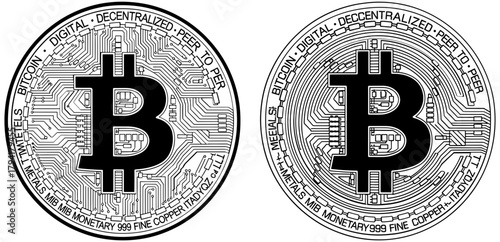 Two bitcoin coins with intricate circuit designs, representing digital currency and blockchain technology