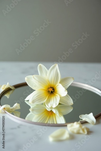 White Lily with Soft Petals Reflected on Round Mirror in Minimal Aesthetic Still Life
