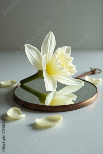 White Lily with Soft Petals Reflected on Round Mirror in Minimal Aesthetic Still Life