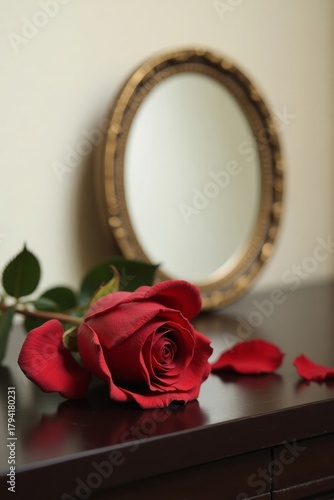 Red Rose with Petals Beside Round Vanity Mirror in Elegant Dramatic Still Life