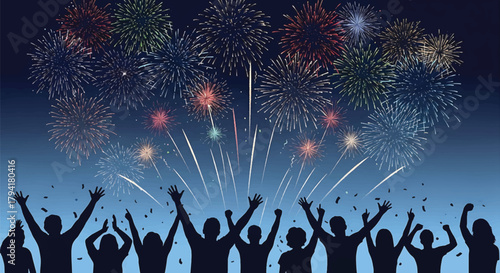 Excited people silhouetted against a dazzling backdrop of exploding fireworks, symbolizing celebration, achievement, and new beginnings during a festive night event