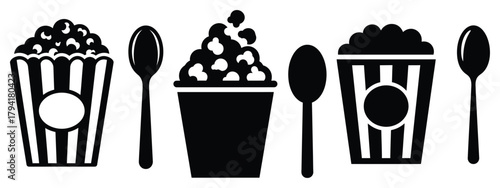 popcorn minimal flat icon set, black color and white background