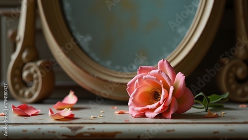 Red Rose with Petals Beside Round Vanity Mirror in Elegant Dramatic Still Life